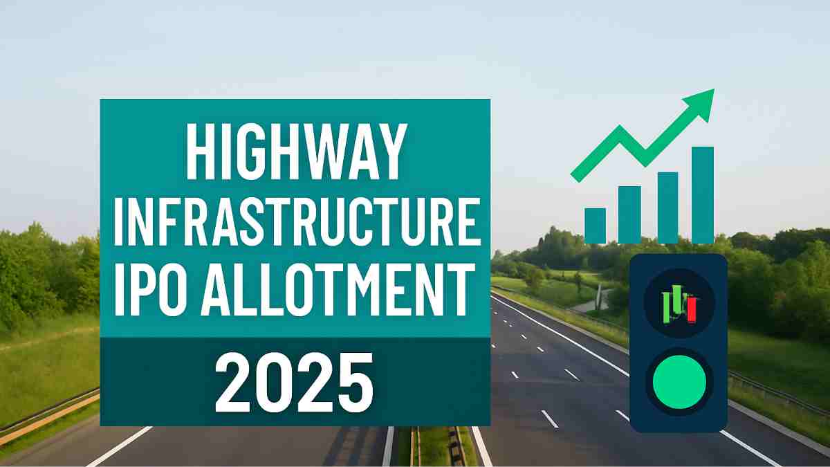 Highway Infrastructure IPO 2025 अलॉटमेंट स्थिति दिखाते हुए लैपटॉप स्क्रीन, 300x सब्सक्रिप्शन ग्राफ, तेजी से बढ़ती स्टॉक मार्केट लाइन, निवेशक आइकन, डिमैट खाता और Rupee Symbol ₹ के साथ डिजिटल और प्रोफेशनल विज़ुअल।